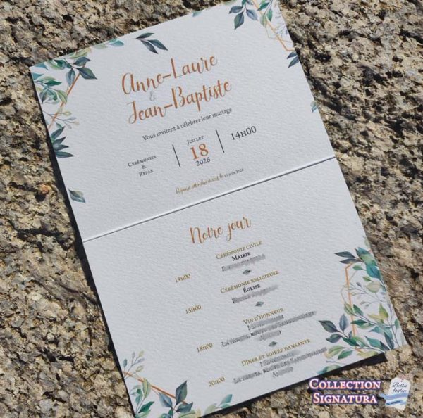 faire-part mariage feuillage vert or aquarelle