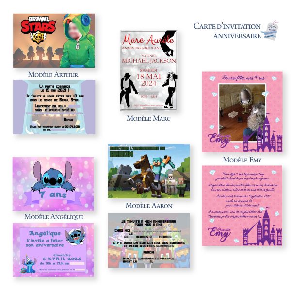 Carte d’invitation anniversaire modèles Arthur (brawl stars), Aaron (Minecraft), Angélique (Stitch), Emy (château de Princesse) et Marc (Michael Jackson)