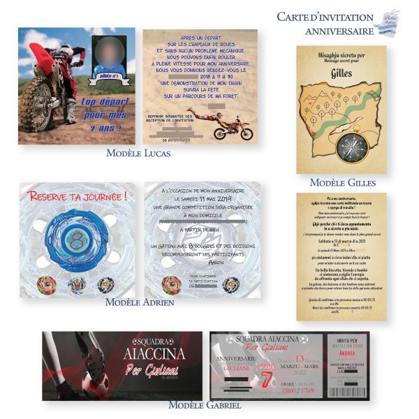 modèles lucas (motocross), Gabriel (foot), Gilles (chasse aux trésors) et Adrien (toupies)