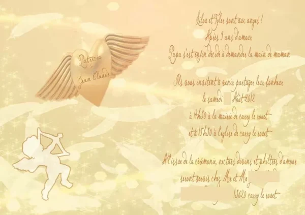faire-part mariage ange coeur doré plume