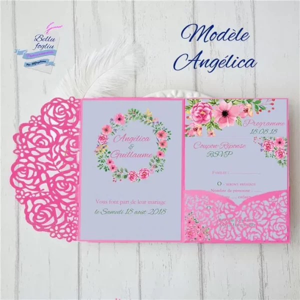 faire-part mariage pochette ciselée fleurs rose