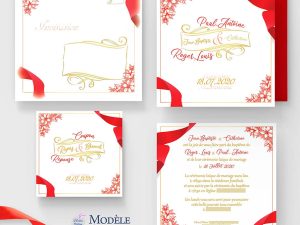 faire-part mariage rouge et or ruban et fleurs