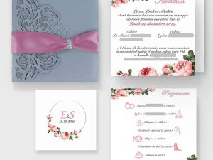 faire-part mariage pochette ciselée fleurs rose et argent