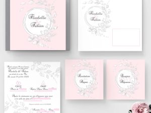 faire-part mariage fleurs gris rose blanc