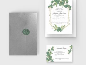 Faire-part de mariage eucalyptus argenté avec pochette personnalisé modèle Jenifer