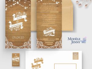 faire-part mariage bois banniere fleur dentelle