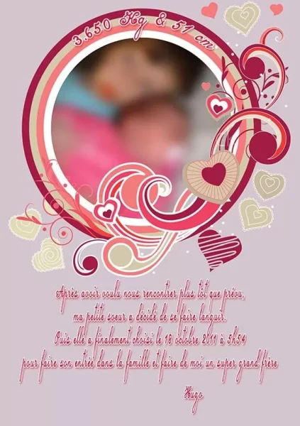 Faire-part naissance rose arbre coeur coccinelle