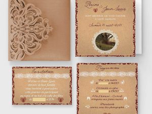 faire-part mariage pochette kraft dentelle bordeaux