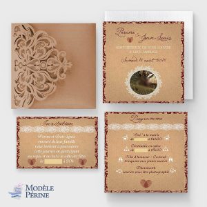 faire-part mariage pochette kraft dentelle bordeaux