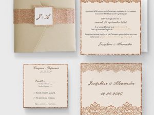 faire-part mariage pochette dentelle rose gold paillette
