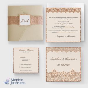 faire-part mariage pochette dentelle rose gold paillette