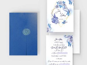 faire-part mariage pochette ciselée fleurs bleu et or