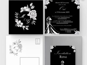 faire-part mariage noir et blanc fleurs couple