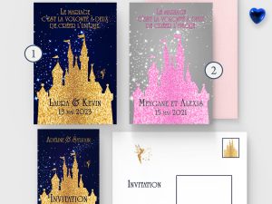 faire-part mariage chateau disney bleu et or