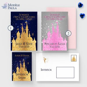 faire-part mariage chateau disney bleu et or