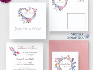 faire-part mariage rose plume pastel