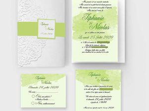 faire-part mariage pochette ciselée vert clair et blanc