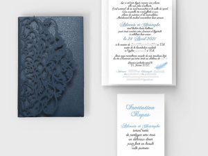 faire-part mariage pochette ciselée plume bleu