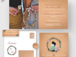 Faire-part mariage kraft couronne fleurs rose couple de dos