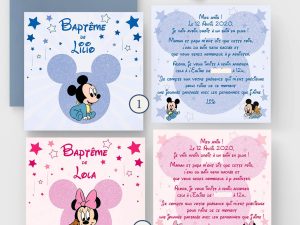 Faire-part baptême Mickey Minnie Lilio | Disney personnalisé
