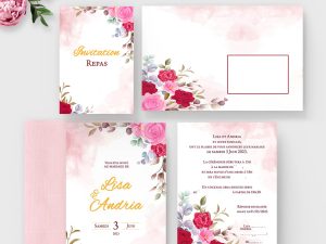 faire-part mariage garden flowers fleurs rose or doré