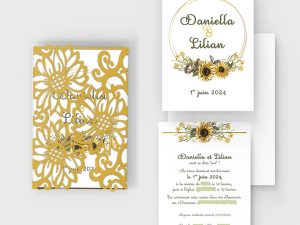 faire-part mariage pochette ciselée gold fleurs tournesol jaune