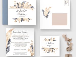 faire-part mariage fleurs séché pampa beige bleu