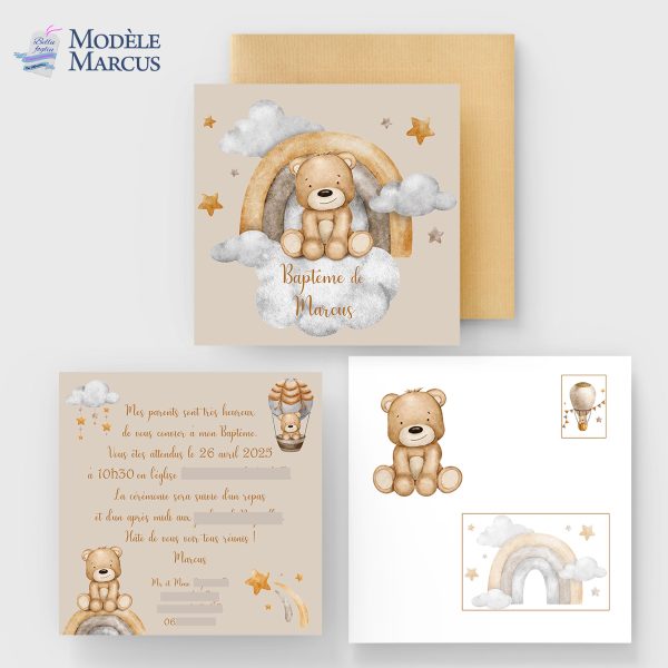 Faire-part baptême ourson Marcus | Montgolfière personnalisé