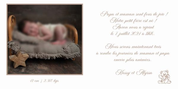 Faire-part de naissance thème ourson modèle Aaron
