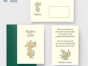 Faire-part baptême Alex | Oliviers croix dorée religieux