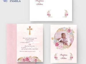 Faire-part baptême Pamela pampa | Fleurs roses personnalisé