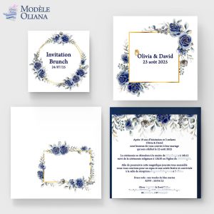 Faire-part de mariage thème fleurs bleues et doré chic modèle Oliana