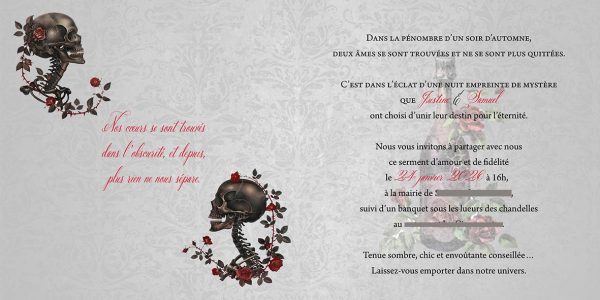 Faire-part de mariage modèle Sam thème gothique romantique chic, poétique, élégant et mystérieux, romantisme sombre et élégance baroque, roses rouges et la tête de mort stylisée, Corse, Ajaccio, papeterie événementielle