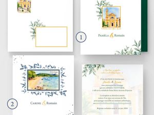 Faire-part de mariage modèle Maria thème paysage Corse aquarelle, plage de Palombaggia, cathédrale d’Ajaccio, église de village corse, Ajaccio, papeterie événementielle