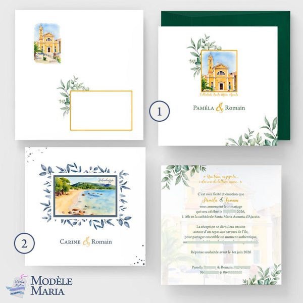 Faire-part de mariage modèle Maria thème paysage Corse aquarelle, plage de Palombaggia, cathédrale d’Ajaccio, église de village corse, Ajaccio, papeterie événementielle