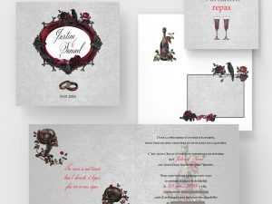 Faire-part de mariage modèle Sam thème gothique romantique chic, poétique, élégant et mystérieux, romantisme sombre et élégance baroque, roses rouges et la tête de mort stylisée, Corse, Ajaccio, papeterie événementielle