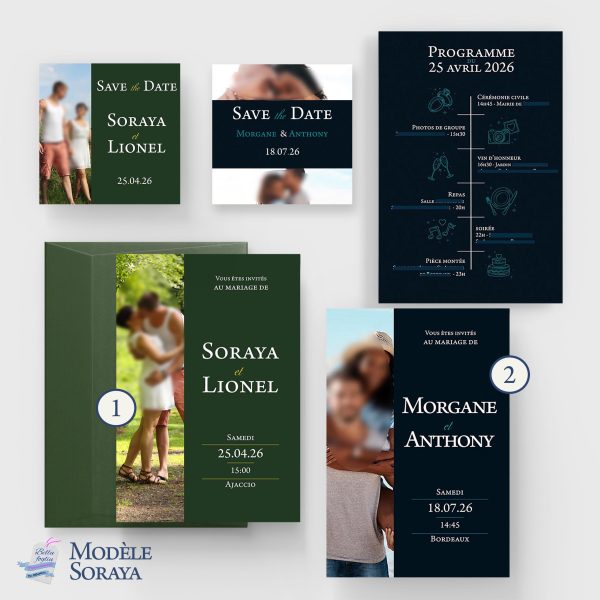 Faire-part de mariage modèle Soraya thème minimaliste couleur, moderne minimaliste, photo design épuré, coloré et simple, minimaliste, personnalisé avec photo, Corse, Ajaccio, papeterie événementielle