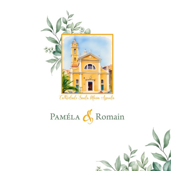 Faire-part de mariage modèle Maria thème paysage Corse aquarelle, plage de Palombaggia, cathédrale d’Ajaccio, église de village corse, Ajaccio, papeterie événementielle