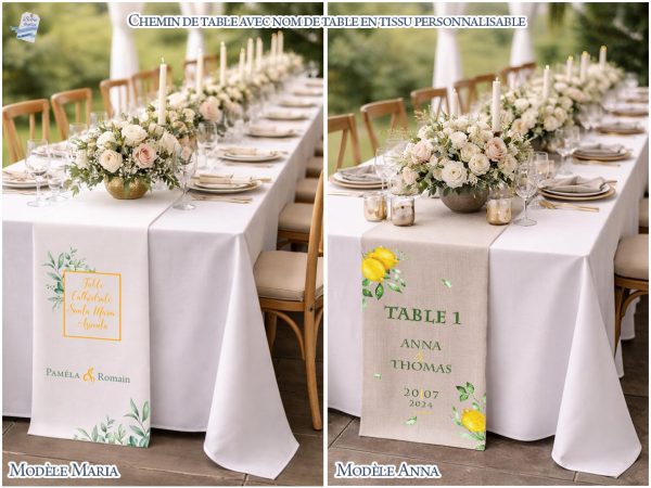 Chemin de table avec nom de table en tissu personnalisable