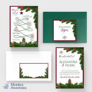 Faire-part de mariage Thème Noël Hiver – Sapin & Houx Rouge Bordeaux | Modèle Anastasia